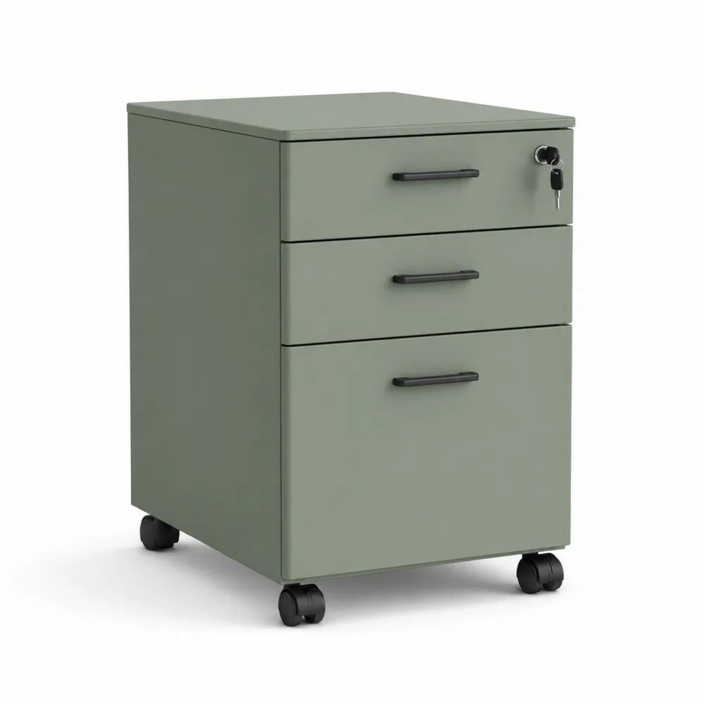 Caisson de bureau mobile en acier à 3 tiroirs verrouillables, vert sauge et noir, 39 × 50 × 60 cm