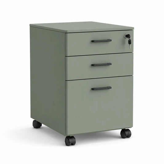 Caisson de bureau mobile en acier à 3 tiroirs verrouillables, vert sauge et noir, 39 × 50 × 60 cm