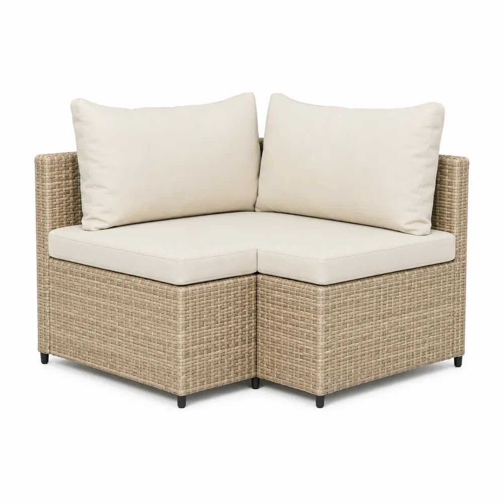 Canapé d’angle de jardin modulable 2 pièces, 2 places, en polyéthylène tressé beige et tissu crème, 138 × 69 × 69 cm