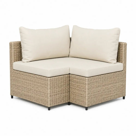 Canapé d’angle de jardin modulable 2 pièces, 2 places, en polyéthylène tressé beige et tissu crème, 138 × 69 × 69 cm