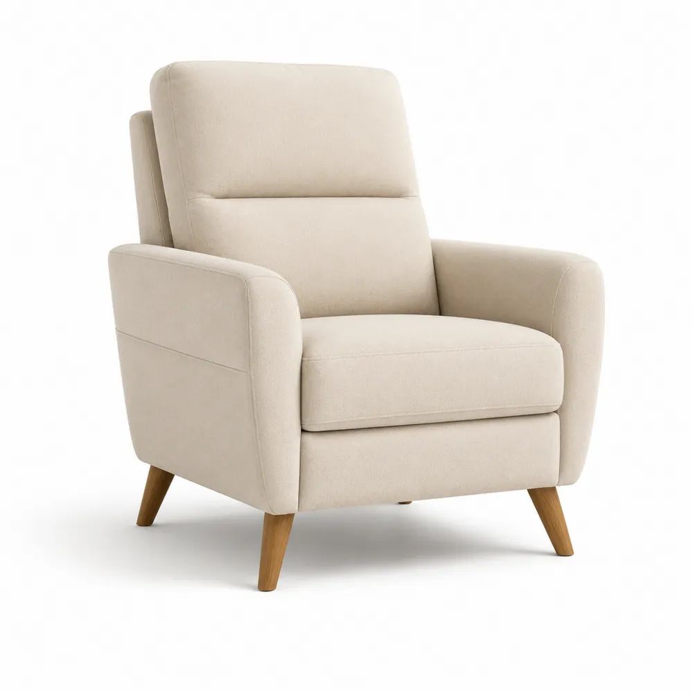 Fauteuil relax manuel 1 place en tissu beige crème avec pieds en bois, 78 x 88 x 105 cm
