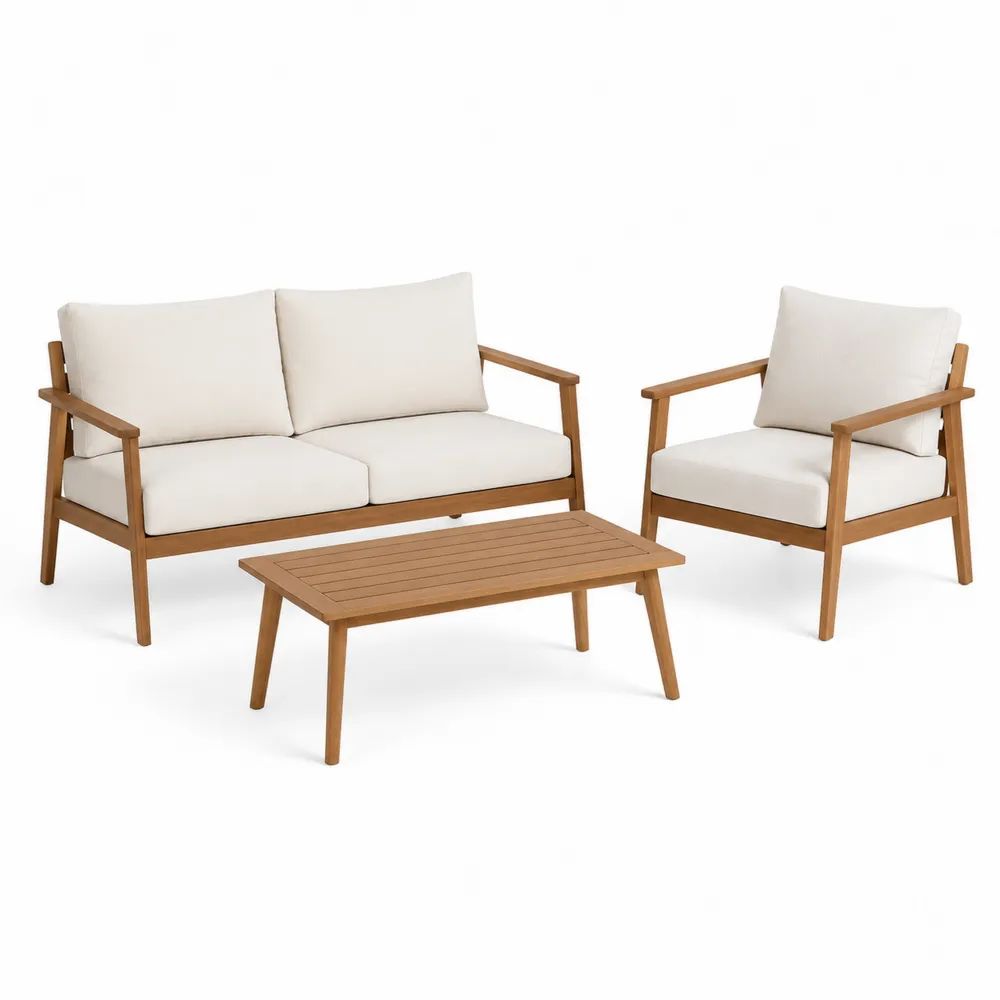 Salon de jardin 3 pièces 3 places en bois, brun naturel et écru – canapé 135 × 76 × 78 cm, fauteuil 70 × 76 × 78 cm et table 100 × 55 × 40 cm