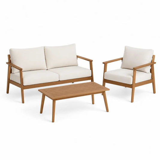 Salon de jardin 3 pièces 3 places en bois, brun naturel et écru – canapé 135 × 76 × 78 cm, fauteuil 70 × 76 × 78 cm et table 100 × 55 × 40 cm