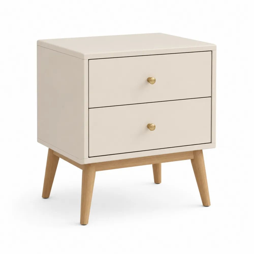 Table de chevet rectangulaire à 2 tiroirs en MDF et hévéa massif, beige, chêne clair et doré, 45 × 35 × 55 cm