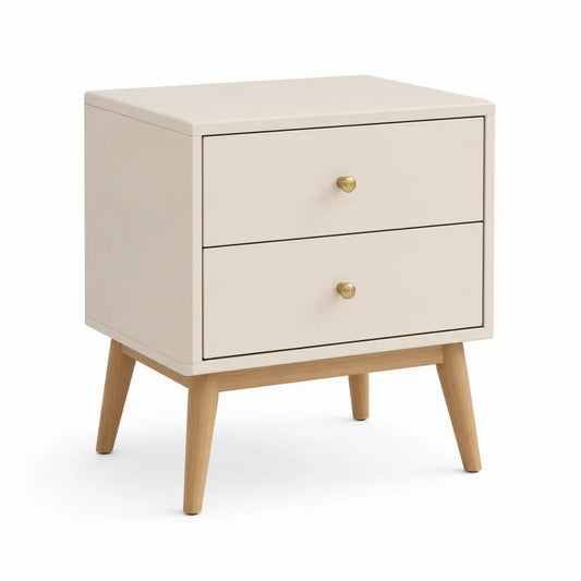 Table de chevet rectangulaire à 2 tiroirs en MDF et hévéa massif, beige, chêne clair et doré, 45 × 35 × 55 cm