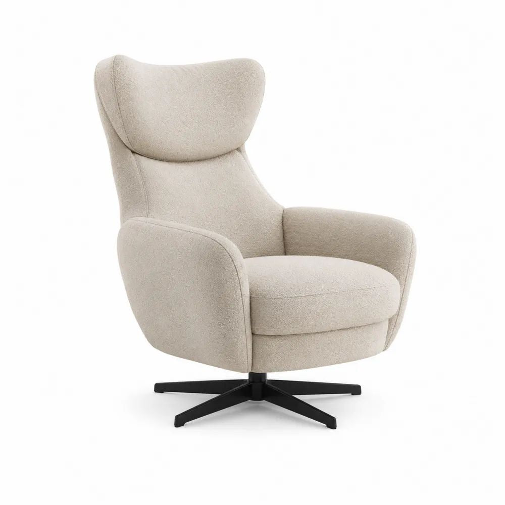 Fauteuil pivotant à 360° en tissu beige avec dossier à oreilles et piètement en métal noir, 82 × 86 × 105 cm