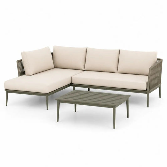 Salon de jardin d’angle 3 pièces en aluminium gris olive avec coussins beiges, 240 × 160 × 75 cm