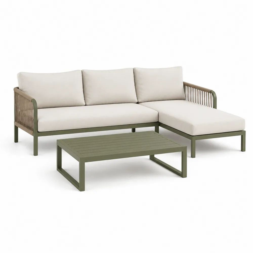 Salon de jardin extérieur 3 pièces en aluminium vert olive, canapé d’angle 3 places avec méridienne droite et table basse, coussins écrus, 215 × 150 × 72 cm