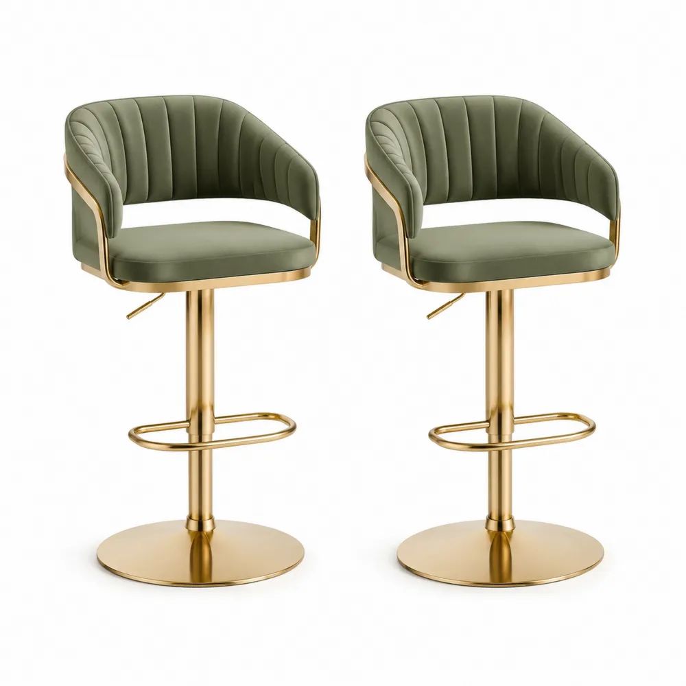 Lot de 2 tabourets de bar réglables et pivotants en velours polyester et acier doré, vert olive, 52 x 52 x 88-108 cm