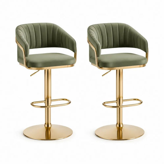 Lot de 2 tabourets de bar réglables et pivotants en velours polyester et acier doré, vert olive, 52 x 52 x 88-108 cm