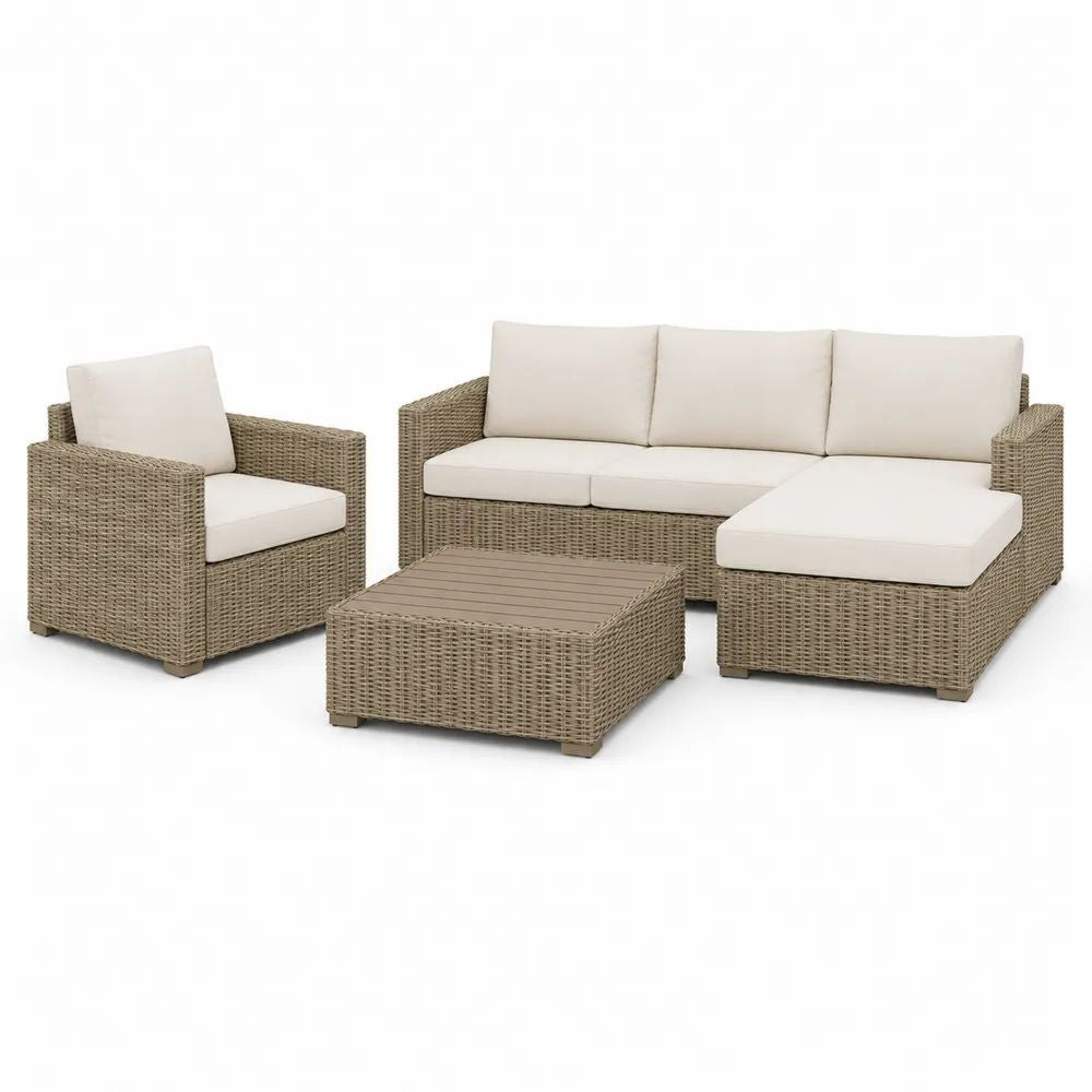 Salon de jardin extérieur 3 éléments en résine tressée beige taupe, canapé d’angle 3 places 230 × 150 × 75 cm, fauteuil et table basse, coussins écrus