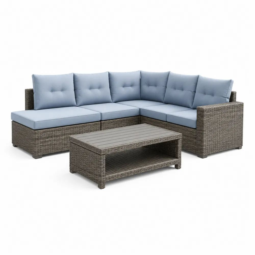 Salon de jardin extérieur 5 places en résine tressée grise avec canapé d’angle 220 x 220 x 75 cm, table basse 100 x 55 x 40 cm et coussins bleu clair