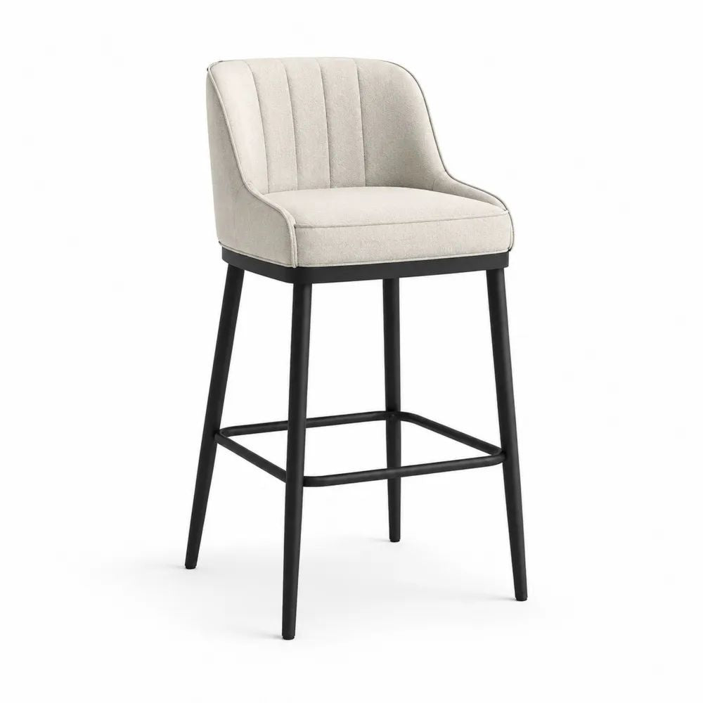 Tabouret de bar rembourré en tissu bouclé et acier, dossier arrondi, beige et noir, 52 × 56 × 101 cm
