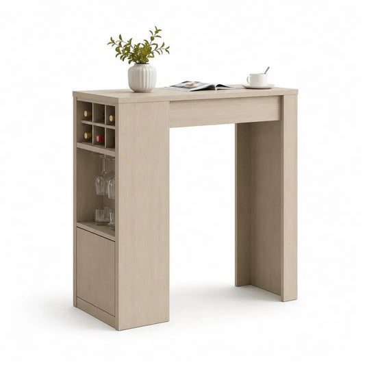 Table de bar rectangulaire en bois avec rangement, 6 casiers à bouteilles, porte-verres et placard, chêne clair, 110 x 50 x 105 cm