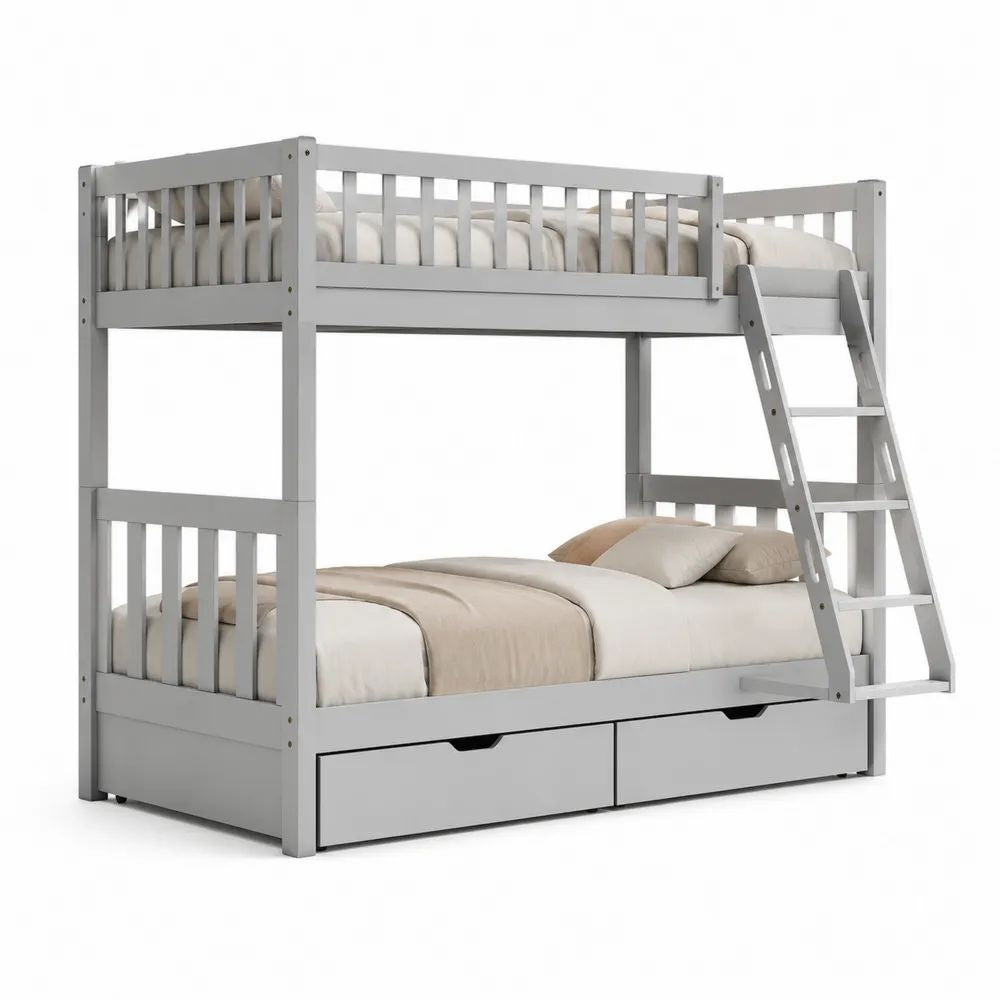 Lit superposé enfant en pin massif et MDF gris avec 2 tiroirs, couchages 90 × 190 cm et 140 × 190 cm, dimensions 198 × 164 × 165 cm