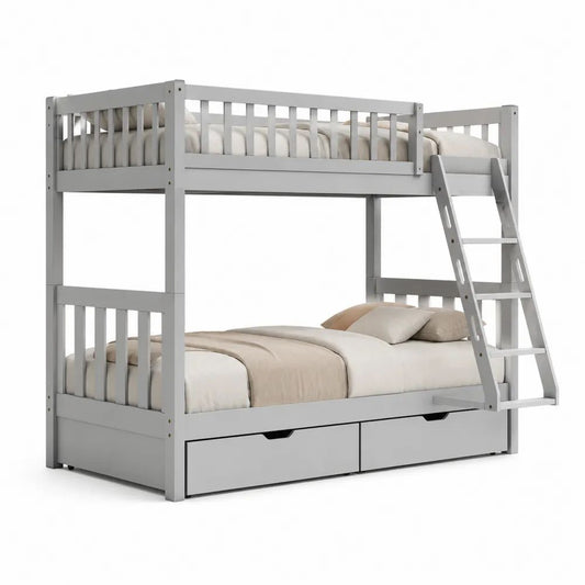 Lit superposé enfant en pin massif et MDF gris avec 2 tiroirs, couchages 90 × 190 cm et 140 × 190 cm, dimensions 198 × 164 × 165 cm